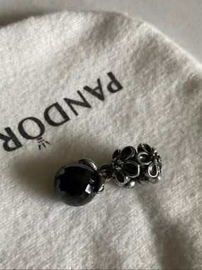 Pandora Black Faceted Glass and Sterling Silver Floral Dangle